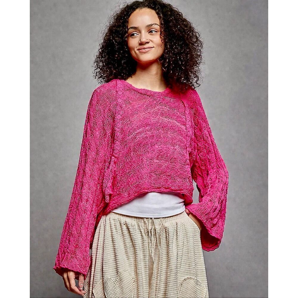 POL Hot Pink Open Knit Cropped Hoodie Sweater Boho Lace Long Sleeve Top NEW - Picture 3 of 14
